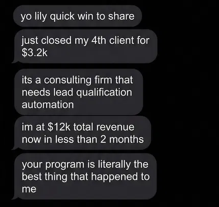 Student testimonial about closing 4th client for $3.2k and hitting $12k revenue
