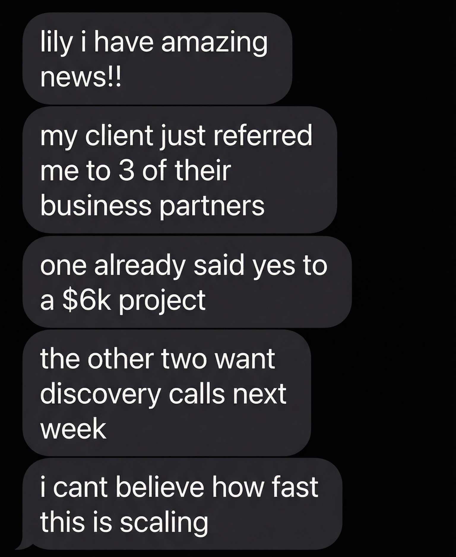 Student testimonial about client referrals leading to $6k project