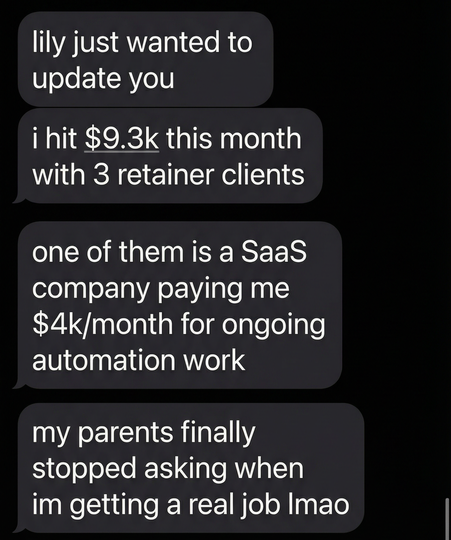 Student testimonial about hitting $9.3k with 3 retainer clients including SaaS company