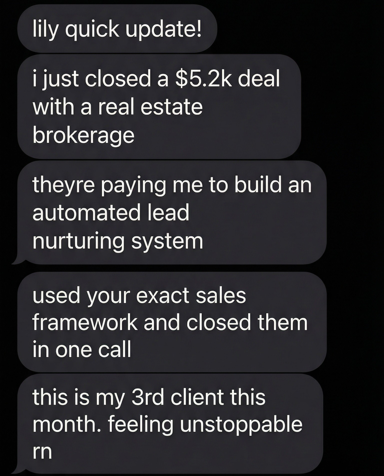 Student testimonial about closing $5.2k deal with real estate brokerage