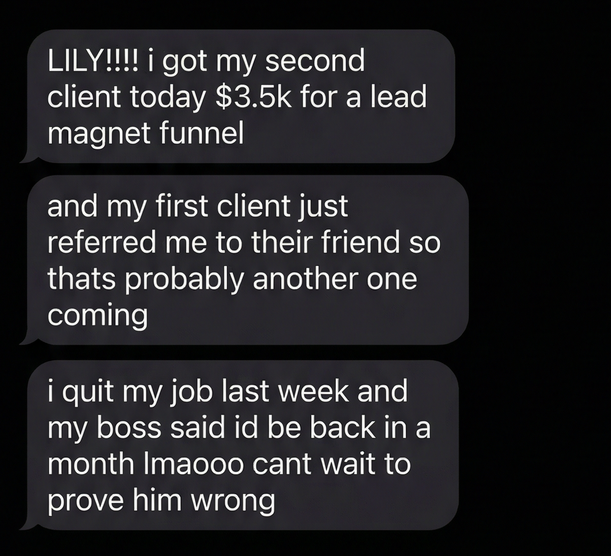 Student testimonial about getting second client and quitting job
