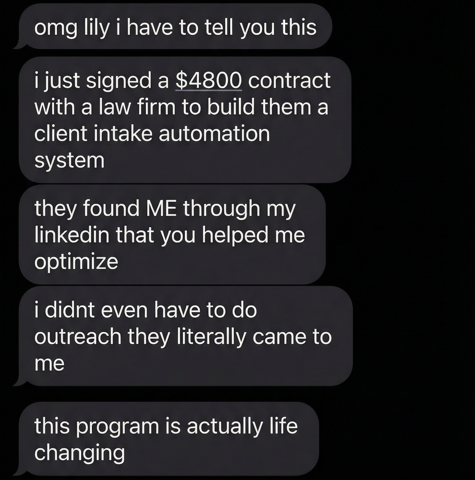 Student testimonial about signing a $4800 law firm contract